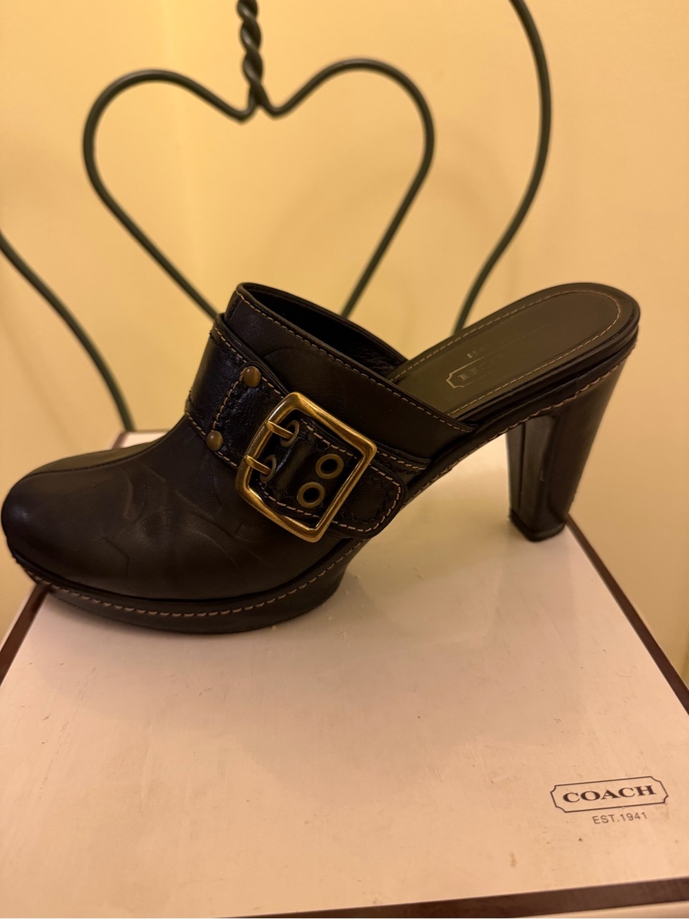 Coach Black Leather Mule Heels with Gold Buckle
